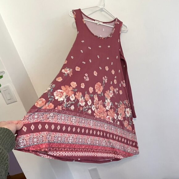 DEREK HEART Mauve Pink Floral Border Print Cold Shoulder Long Sleeve Shift Dress - Picture 9 of 15